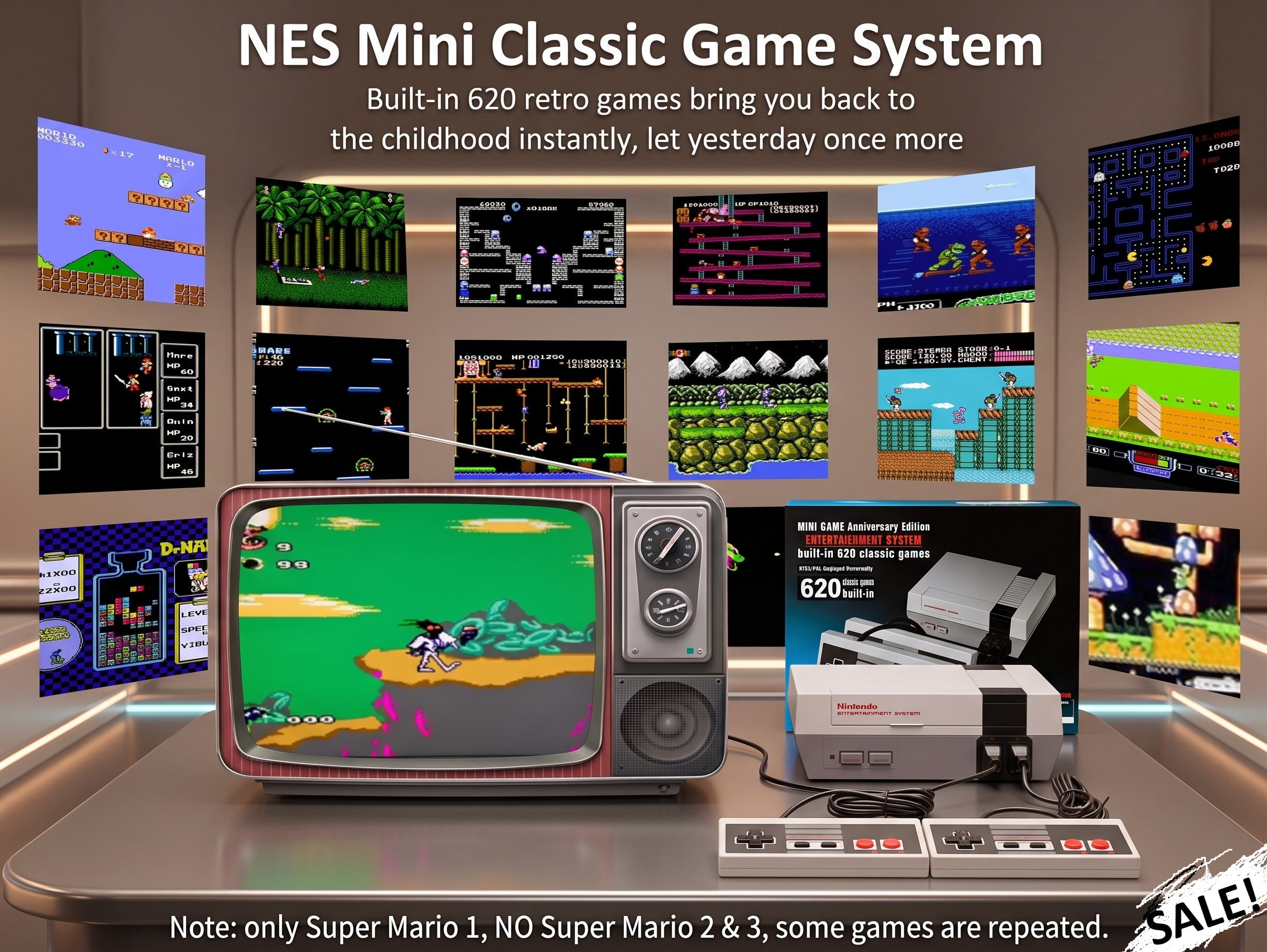 Mini Nes Game Anniversary Edition Built- in 620 Classic games + FREE SEIKO DIVERS WATCH
