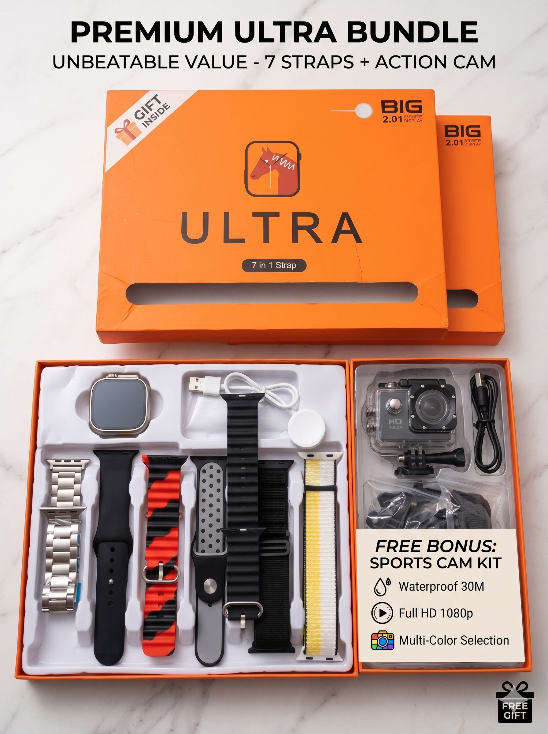 7-1 strap Ultra SmartWatch with free gift Action Cam(1080p)